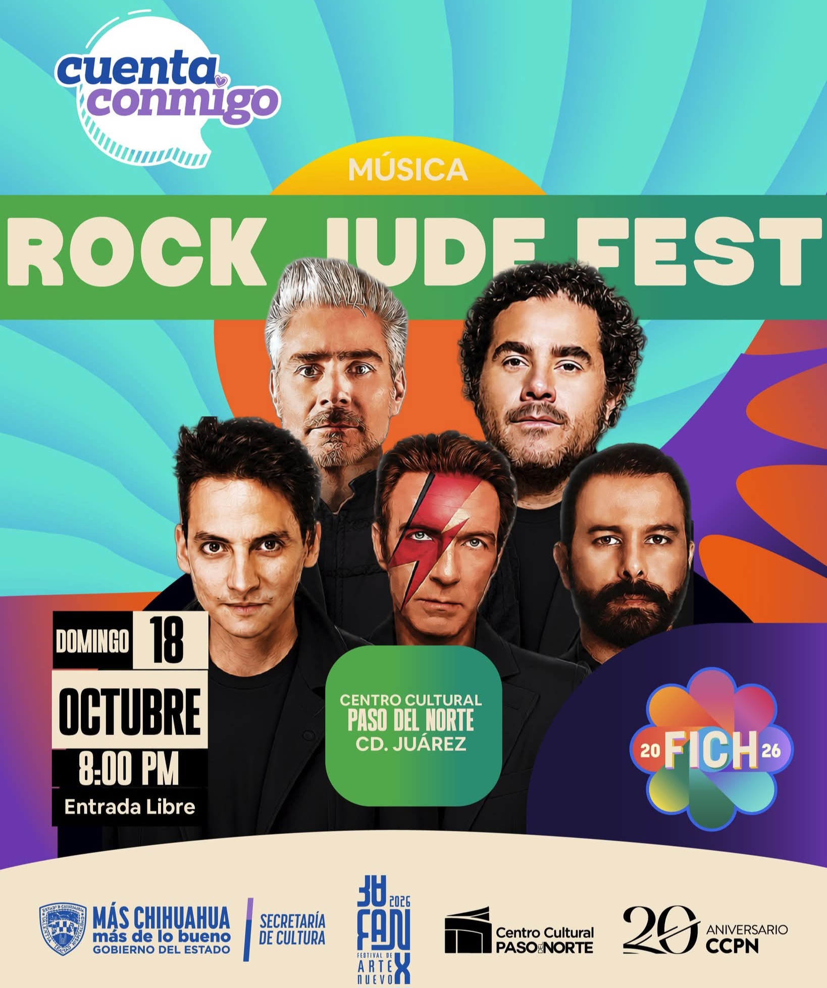 *Ya Esta Todo Listo Para disfrutar Domingo 18 De octubre en el Exterior del Centro Cultural Paso Del Norte A Partir de las 20:00pm entrada gratis al Grupo ( ROCK JUDE FEST) Integrado por :